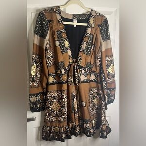 Abstract floral art deco black/brown/gold boho dress size large
